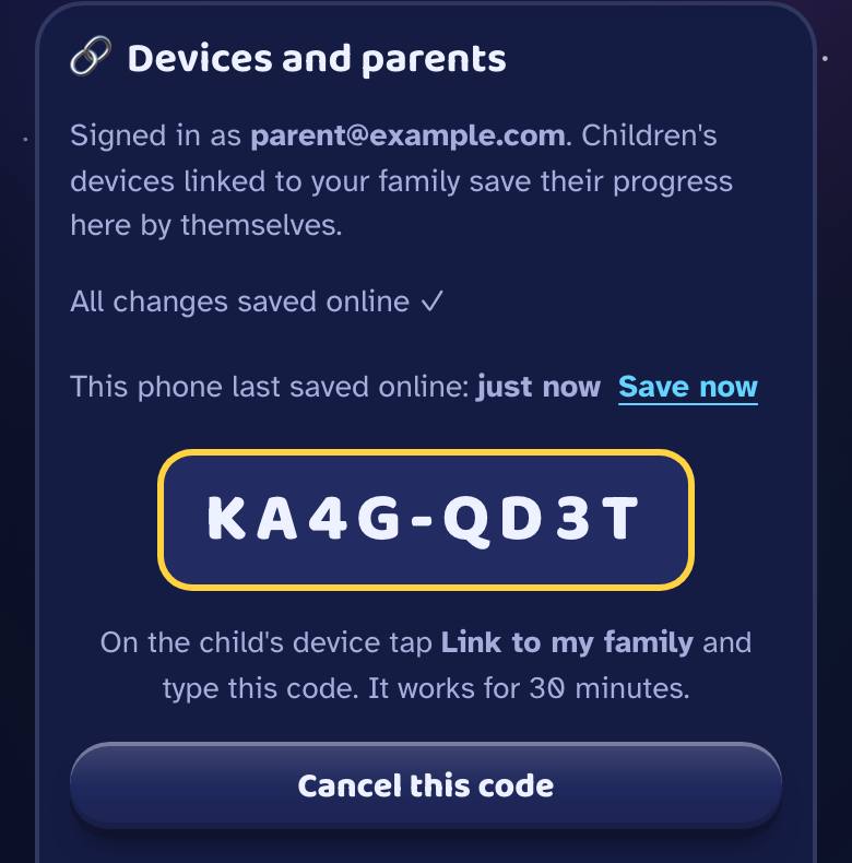 Devices and parents showing a link code