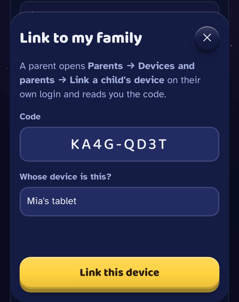 The Link to my family sheet with a code and the device's name