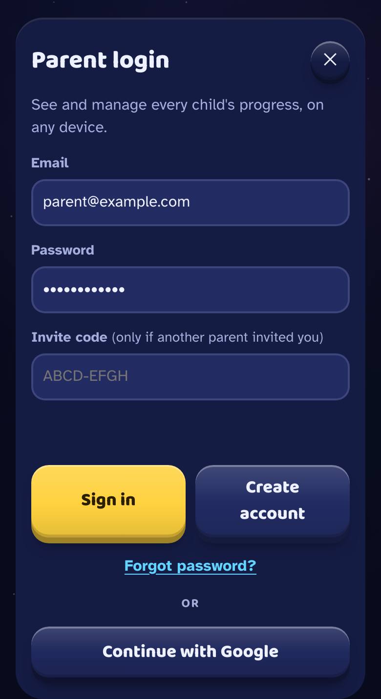The Parent login sheet with email, password, Create account and Continue with Google