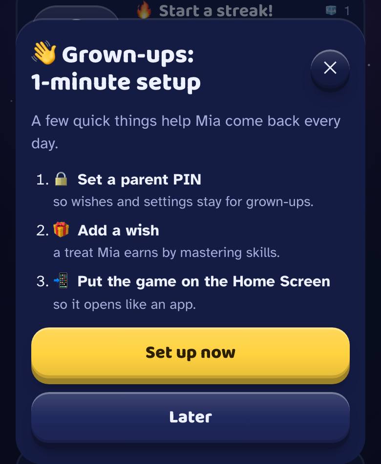 The Grown-ups: 1-minute setup sheet