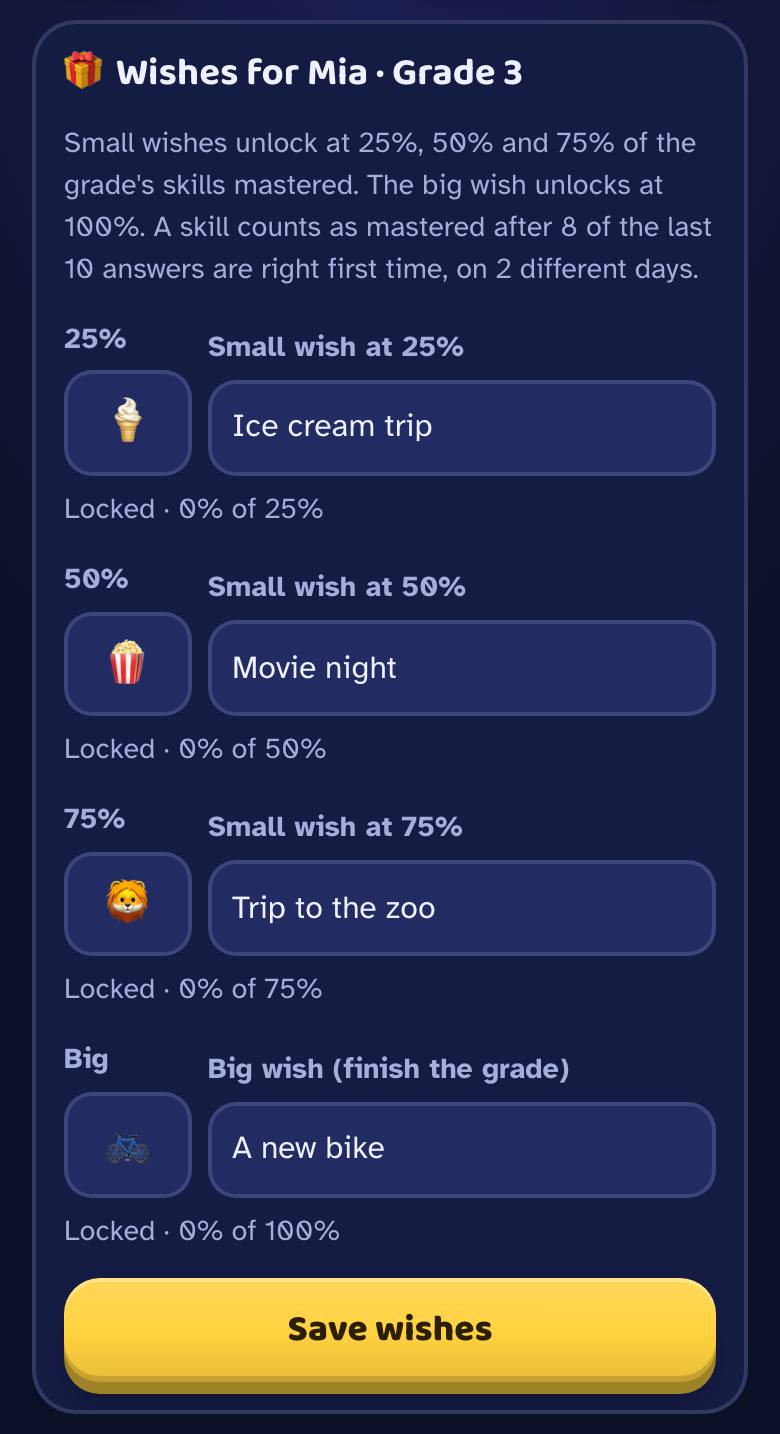 The wishes form with wishes at 25%, 50%, 75% and the big wish
