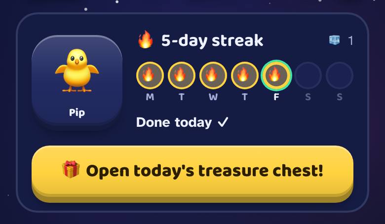 Today's streak, the pet and the treasure chest