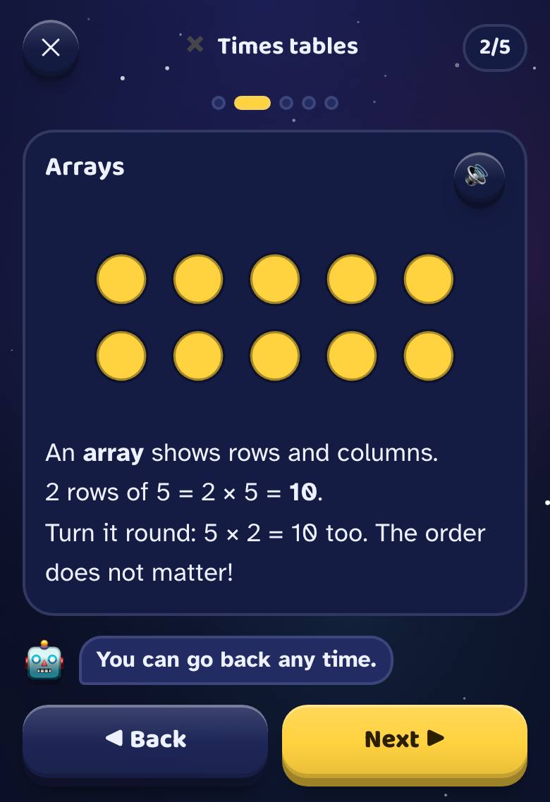 A lesson card with a picture and a Next button
