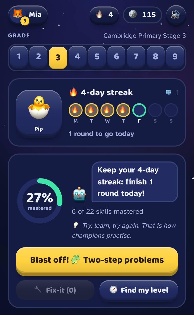 The Play tab: the streak, the pet, the progress ring and the big button for the next skill