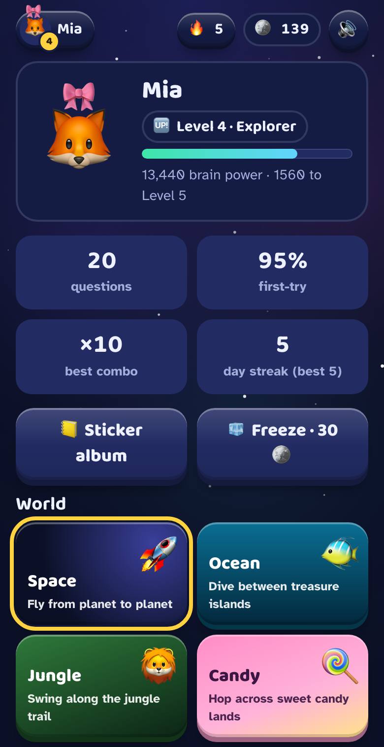 The Me tab: level, stats, sticker album and worlds