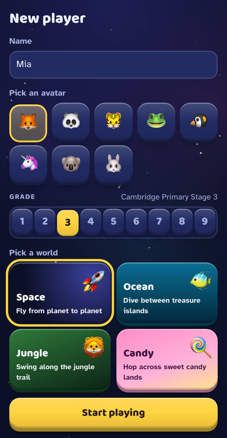 The New player screen: a name, an animal, a grade and a world to pick