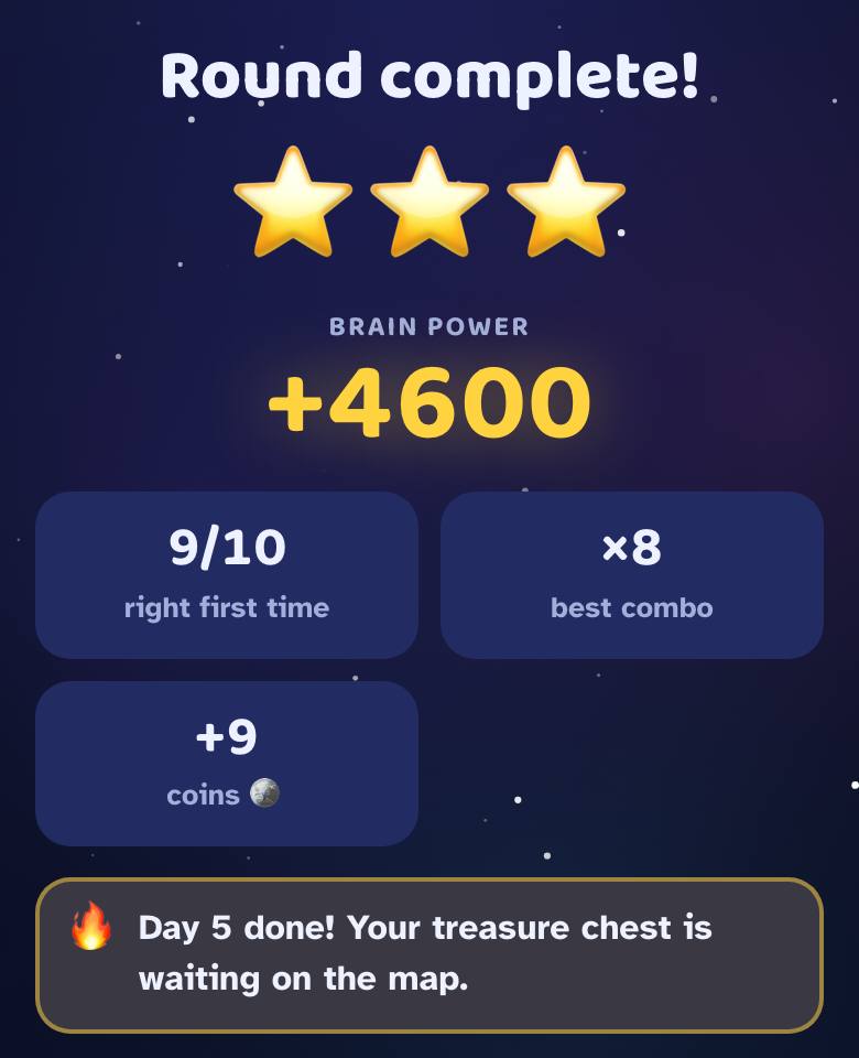 The Round complete! screen with stars, brain power and coins