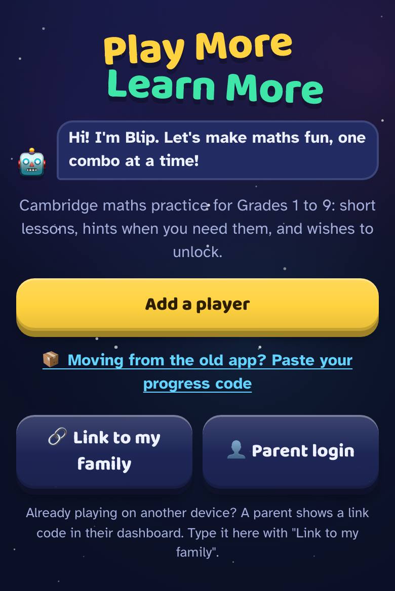 The welcome screen with Add a player, Link to my family and Parent login