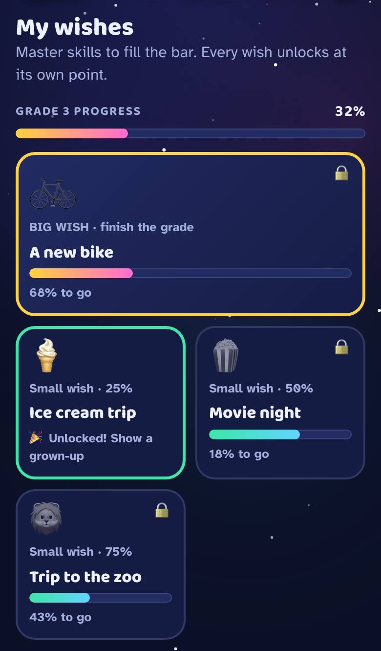 The Wishes tab with a wish and its progress bar